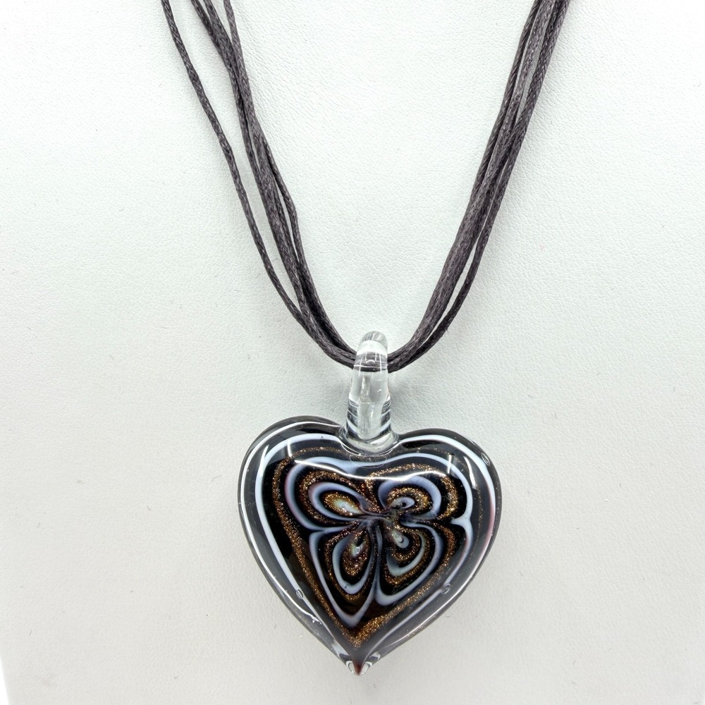 Black Heart Glass Pendant Necklace with Gold Glitter Swirls - Boho Style